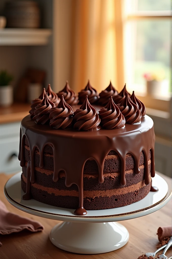 Chocolate cake with chocolate dripping down the sides and decorated with brown whipped cream on top