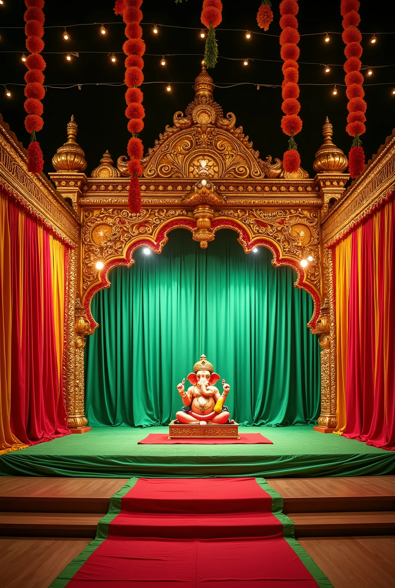 Stage for artists to perform in green colors, red and gold, in an Indian theme celebrating Lord Ganesh in a palace.