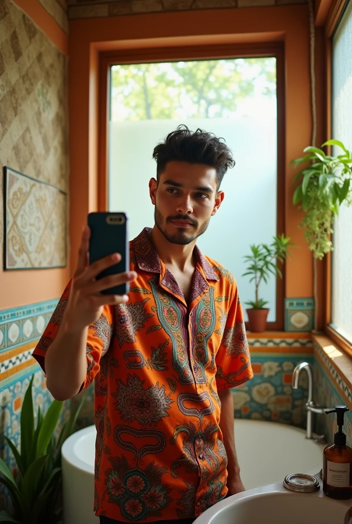 Mexican man in the bathroom taking a photo