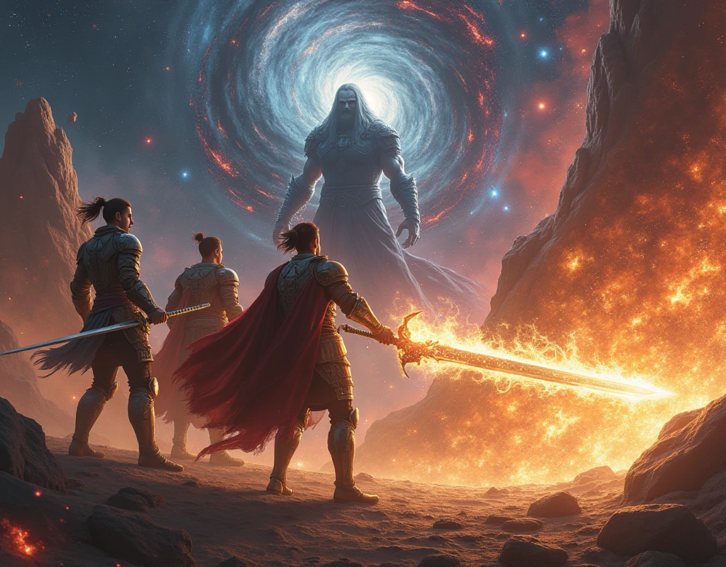 Three heroic stance, one of them wielding a shining sword of divine power. They confront a shadowy entity of cosmic destruction in a fractured universe with colliding stars and galaxies.. The scene is illuminated by an intense flame and a powerful sword.