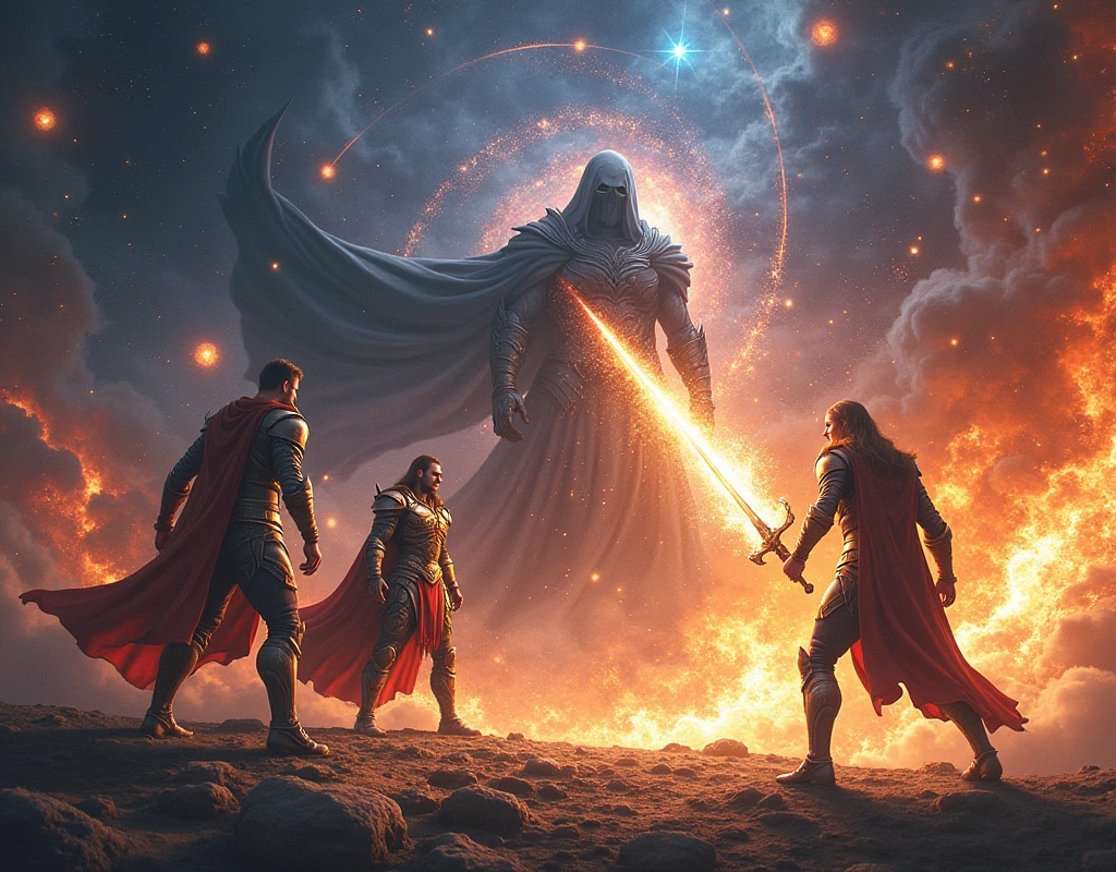 Three  heroic stance, one of them wielding a shining sword of divine power. They confront a shadowy entity of cosmic destruction in a fractured universe with colliding stars and galaxies.. The scene is illuminated by an intense flame and a powerful sword.
