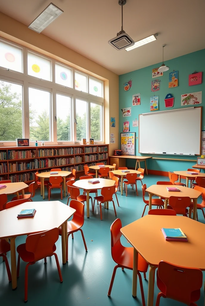 Classroom for children aged 6 to 11 years old, with trapezoidal tables forming hexagons and with.notebooks and books on top for up to 25 children. floor-to-ceiling bookshelf for backpacks and materials. Large table for the teacher and decoration with children's paintings, whiteboard for the teacher to write on the wall