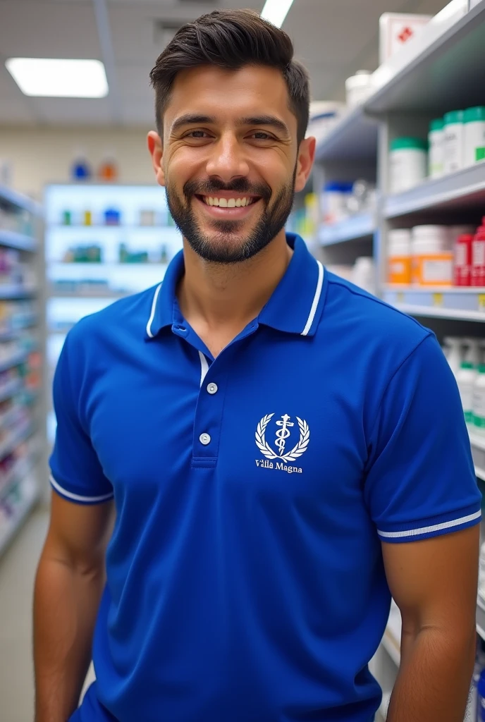 Design a uniform for a pharmacy called Villa Magna Pharmacy, royal blue and white make it a creative polo shirt