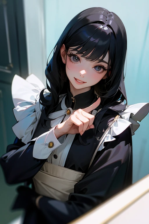 (Highest Resolution, clear_image) Highest quality, single, One woman, alone, masterpiece, Very detailed, Semi-realistic, Black Hairのショートヘア, Black Hair, bangs, 18-year-old, mature, Light blue , Indoor Background, kind, Authoritative, Powerful, exquisite features, exquisite features、Eyelashes become longer、Showing teeth、smile😀、Maid clothes、woman&#39;Fingers in the、Sleeping on the sofa、Long Hair、Fluttering in the wind、((Change of clothes)).