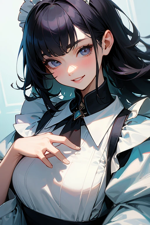 (Highest Resolution, clear_image) Highest quality, single, One woman, alone, masterpiece, Very detailed, Semi-realistic, Black Hairのショートヘア, Black Hair, bangs, 18-year-old, mature, Light blue , Indoor Background, kind, Authoritative, Powerful, exquisite features, exquisite features、Eyelashes become longer、Showing teeth、smile😀、Maid clothes、woman'Fingers in the、Sleeping on the sofa、Long Hair、Fluttering in the wind、((Change of clothes)).