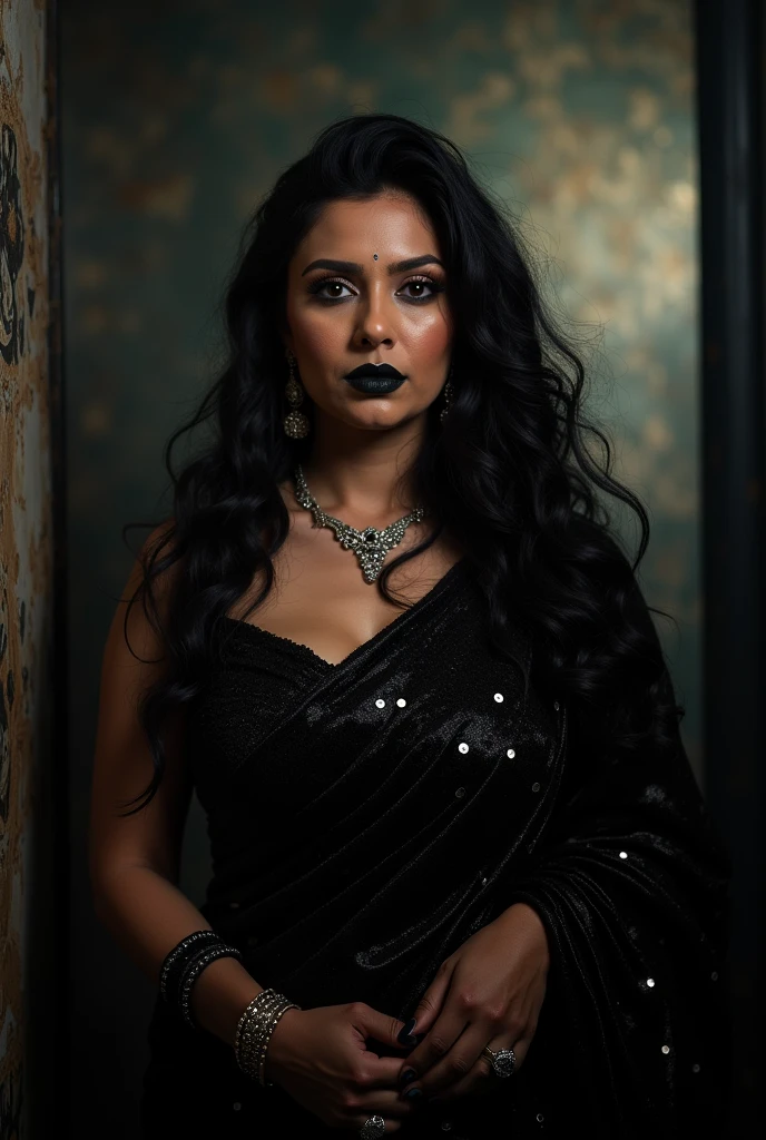 ( glowing eyes:1.5),Fortune telling hall,indian astrology,Looks like Aparna Dixit, full body Closeup shot, Big chubby aunty, milf, cougar lady witch, horny Gothic milf,  60 years old gorgeous voluptuous mature lady, pervert demoness, demoness of lust, curvy, black lips, horny face, extremely gorgeous, thick figure, heavy physique, voluptuous, curvy, sexy figure, Fashionable portrait of androgynous alien looking witch wearing veil,( glowing eyes:1.5), futuristic design, minimal details, givenchy, photoreal, 200mm, hd, f/ 2.0, highly detailed, surreal, sexy beautiful evil woman, sexy bold sequin Saree with strapless Bra, chudail, Pishachini, horror genre, blood-thirsty enchantress, powerful female spirit, eerie, drop dead, in the style of red and blue, (intricate details, hyperdetailed:1.15) (skin texture:1.2), dark Moody tone, cinematic lighting, haunted place in background, 