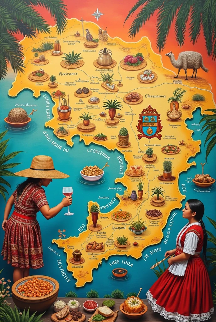 A drawing of the province of Cocle that includes the map , the shield , The typical costume and gastronomy of this province