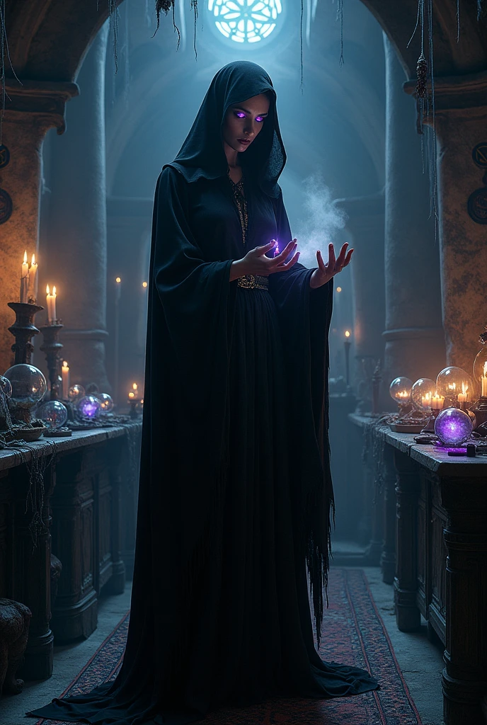 In a dark, candlelit chamber filled with ancient tomes and eerie symbols, a young woman stands before a ritual circle inscribed with necromantic runes. Her face is pale with determination and grief as she clutches a worn spellbook in one hand and a blackened, bone wand in the other. Shadows flicker on the walls, cast by the ghostly blue flames of the candles. Her parents' lifeless bodies lie within the circle, surrounded by offerings and relics of death. As she begins to chant the incantation, dark energy swirls around her, and the air grows heavy with the smell of decay. The atmosphere is tense with the possibility of her success, and the unknown consequences of meddling with such forbidden magic.