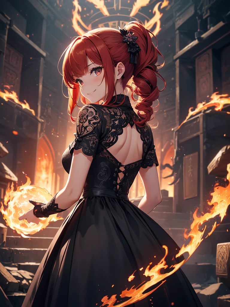 (((best quality, sharp image, clear image, cinematic lighting, 8k resolution, masterpiece, ultra detailed, intricate))) Girl, (((looking over left shoulder))), (shot from behind), ((shot from hip up)), fiery red hair, pigtails, ((intricate black dress)), ((flaming sigils, flaming runes)), spiky rock formations, (flaming lotus flowers frame), (intricate background), ((Phoenix)), (swirling flames), smiling