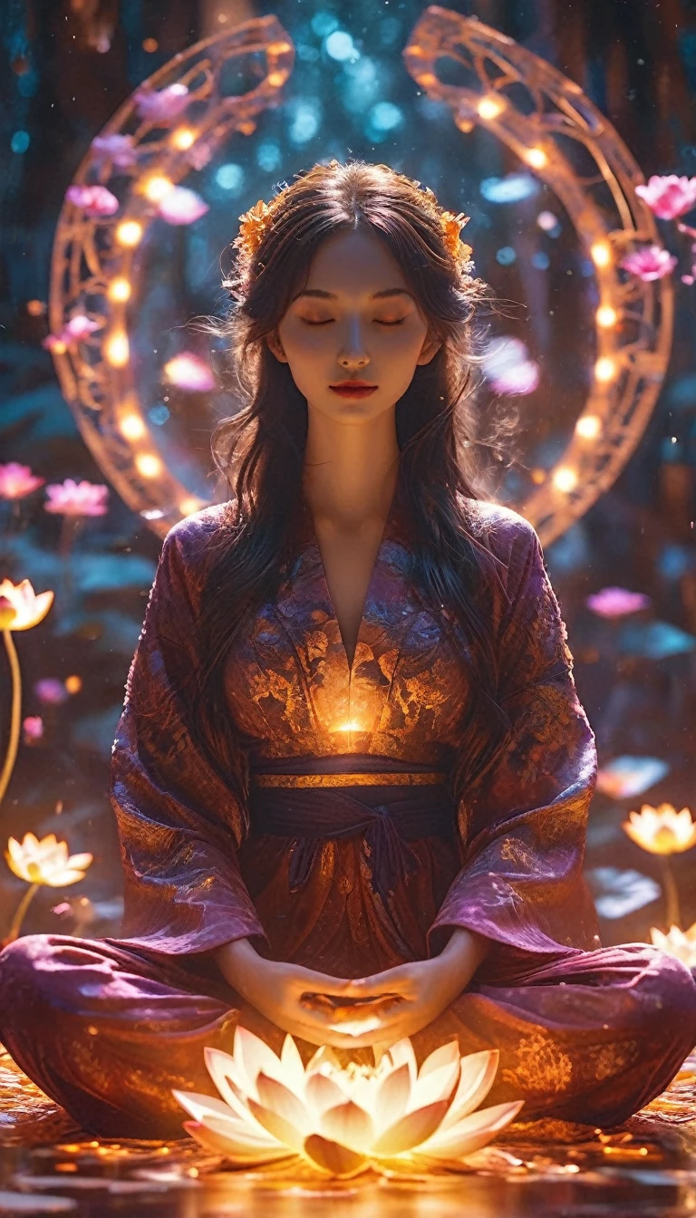 fullbody Photography of lotus pose girl,Raw, cinematic shot, (sharp focus:1.5), (photorealistic:1.4), twilight lighting, volumetric lighting, ultra high res, 16K,dramatic lighting, abstract backgrounds:1.5)(zentangle,datura,Tangles,entangled:0.7)Kitsune witch,kitsune mask,Haori jacket, foxfire spell, fox family, transformation, depth of field, Fantastical Atmosphere, The most beautiful form of chaos, ellegance, Dark theme of Fauvist design, Flower of Death, Flowers of ecstasy,Glowing Line,Glow Example,Tracking example,flash, Backlight,translucent,light particles