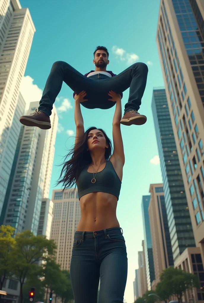  Kristin Kreuk as Lana Lang lifting a large man high above her head with her strong arms. Photorealistic. Wide angle. City skyline in the background.