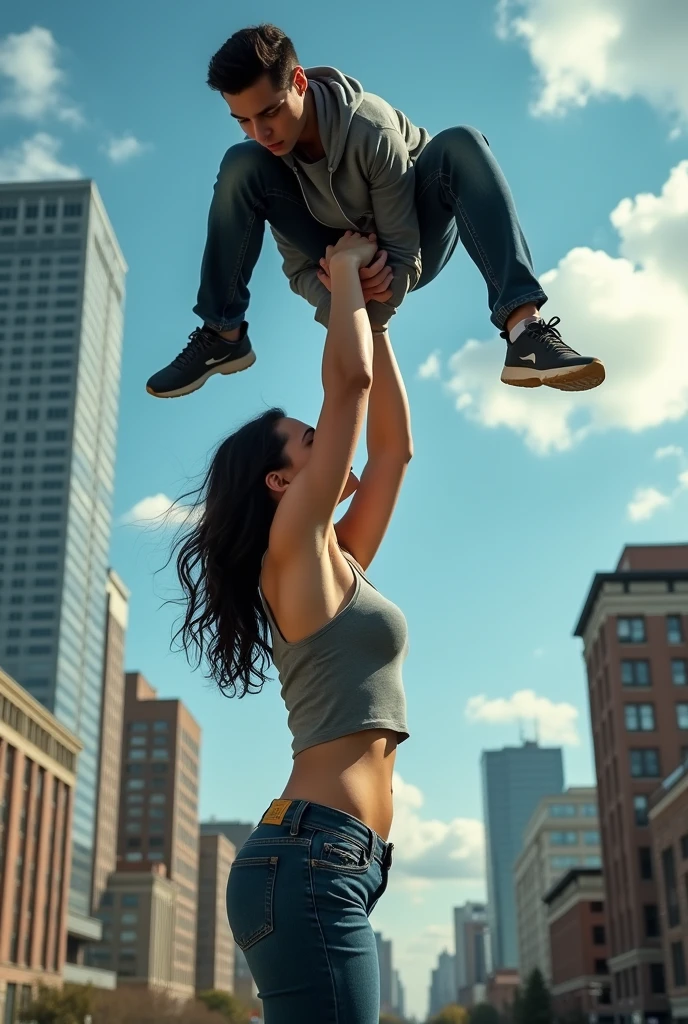 Teenage Kristin Kreuk as Lana Lang lifting a large man high above her head with her strong arms. Photorealistic. Wide angle. City skyline in the background.