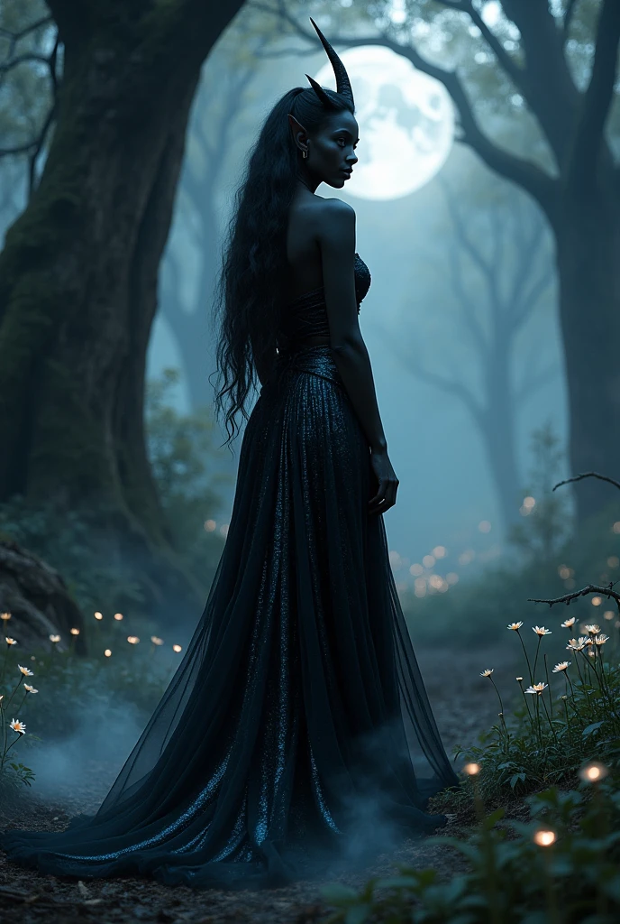 Black elf wearing black dress . 