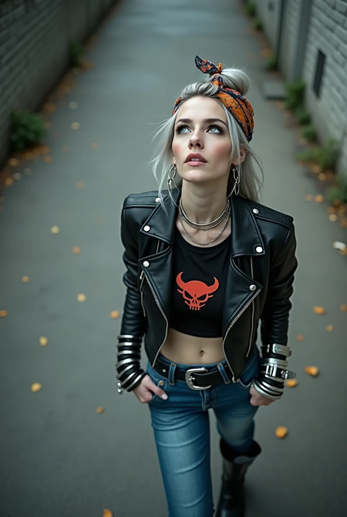 russian milf woman, biker gang member, grey hair (top bun) with bandana headband, with very light blue eyes, extremely pale, heavy eye shadows. Thin. Sad, humbled face, smeared excessive make up and smeared lipstick Wearing black moto jacket, cropped t-shirt with devil logo, skinny blue jeans and black cowboy boots . Lots of metallic bracelets. Tacky thin leather belts superimposed . One hand in her neck, the other in one pocket. Lots of rings. Wide loop earrings. Looks up with amazement like talking to God, mouth and eyes open. Bites her lip and opens her eyes wide