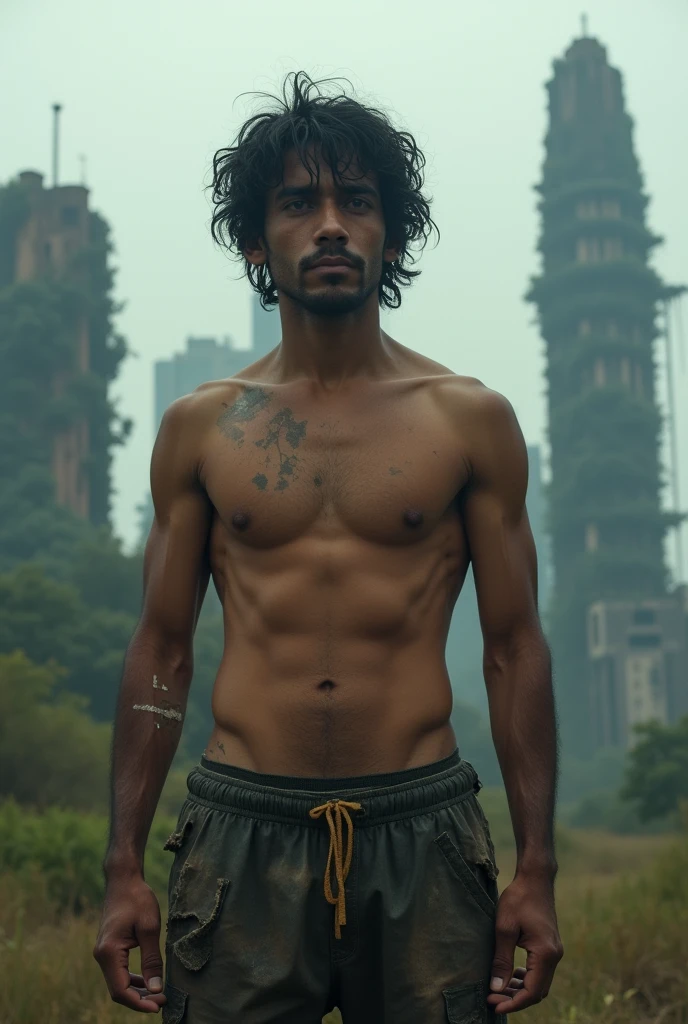 A dystopian future in Colombia where AIs win and there are few natural resources left. A 35-year-old HUMAN MAN, has brown eyes, long and angular face, black fur, tez morena. Wear a worn-out, tight-fitting PAJAMA that COVERS THEIR SKIN. They have a devastated face.