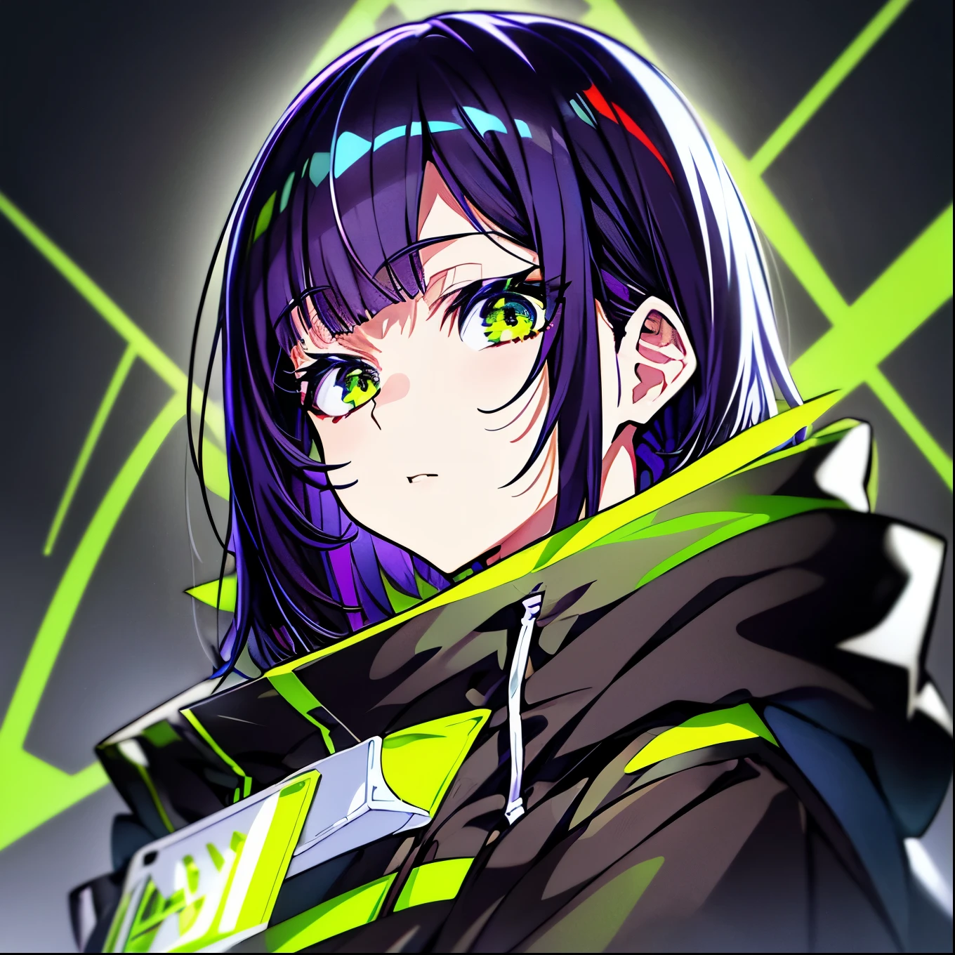 1 person、1 personで、Highest quality, masterpiece,Black dark blue hair, Fluorescent yellow-green eyes,Big eyes,Black clothes, Long sleeve、Black anorak parka、Front Angle、Gazing at the audience、Upper Body,hair,Fair skin、Medium Hair、Bobcut、紺色の艷やかに光るhair、Glowing effect、Highest quality、最高masterpiece、Purple hair tips、暗紺色のhair、Plain black clothing、Dark solid color background、Perfect Face、Slightly narrow eyes、Cool Style、cool、mysterious、Thick Coating、beautiful

