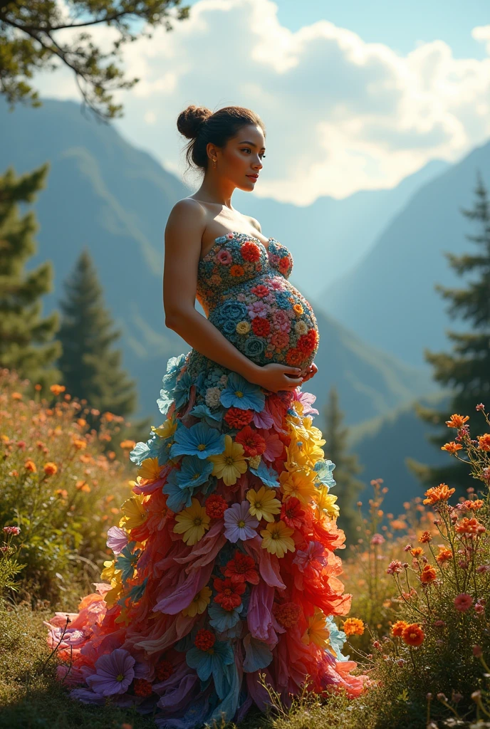 A pregnant woman with big breasts, wearing a dress made of flowers, under her feet and behind her is a forest of blooming flowers, with all kinds of flowers in many colors, each flower is blue, red, yellow, green, purple, with sunlight shining through the leaves, on the mountains in the distance are mountains with white clouds swirling around, wearing a gorgeous outfit, gorgeous dress, intricate dress, elegant fire dress, gorgeous and elegant, lavish dress, inspired by Hedi Xandt, gorgeous dress, intricate dress, gorgeous royal dress, gorgeous clothes, gorgeous dress, intricate and elegant, dress with intricate details, gorgeous, high heels, royal dress, detailed hands, Fire in the body, water on the dress, lightning element, fire element, lightning wings, full water, Transparent clothes, masterpiece, best quality: 1.2),, (8k, high resolution, RAW images, realistic, photorealistic: 1.3), (detailed skin texture, detailed cloth texture, detailed water, detailed trees, detailed textured flowers, detailed leaves, detailed colors, beautifully detailed faces: 1.25), professional lighting, photon mapping, beautiful soft lighting, brightness, physically based rendering, ray tracing, model shooting style, model shooting style, (Unity's super detailed 8k CG backgrounds), the world's most beautiful full body artwork, pregnant woman in a peach dress posing for a studio photo, flowing salmon-colored silk, pregnant belly, full body photoshoot, wearing long gown, studio portrait photography, pregnancy, full body portrait shot, studio photography portrait, full body wide shot, full length portrait, award winning studio photo, full body photograph, pregnant, full - length photo, maternal photography 4 k