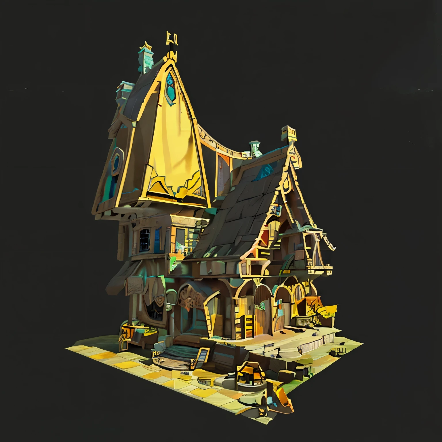 Isometric view of an old witch's house, in the style of game art style, with a purple roof and green window frames, small pumpkins around the door, cute cartoon character design, simple black background, 3D Blender render, low-poly, game asset, ArtStation