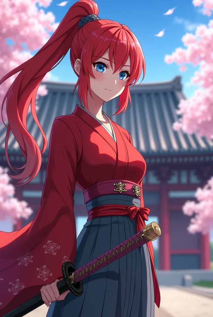 Anime Kimono Japanese woman Blue eyes Red hair Long hair Ponytail Gray hakama Scarlet clothing Japanese sword on left hip Big breasts Big butt Slight emphasis on breasts and butt Sharp eyes