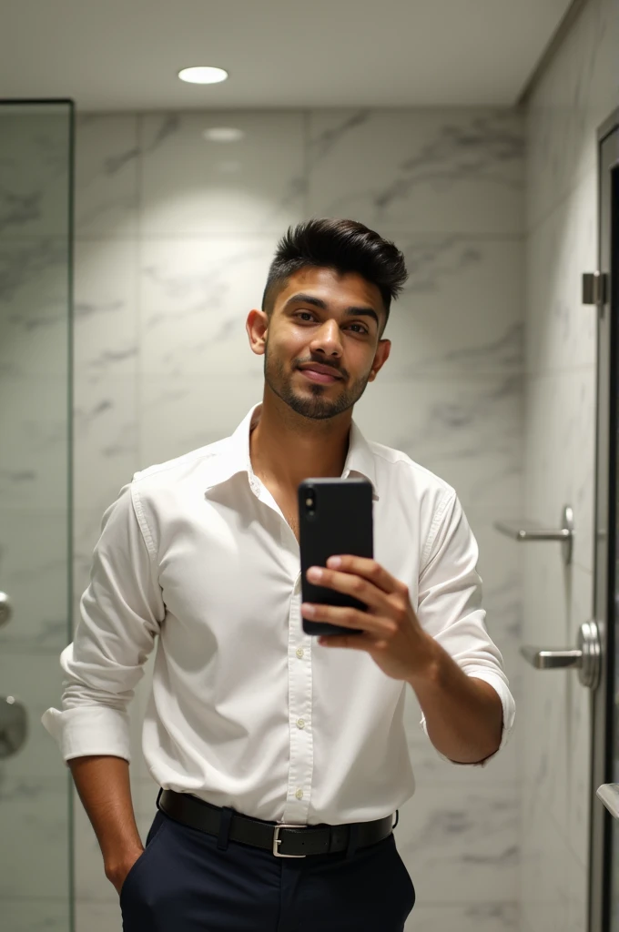 Mexican man in an office bathroom taking a photo