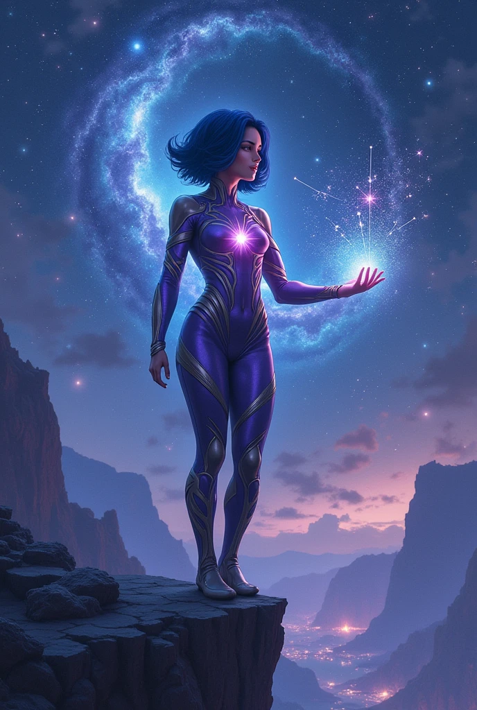 A heroine with short bluish-black hair, wearing a sexy outfit with a star in the middle, who has the power to control the stars.