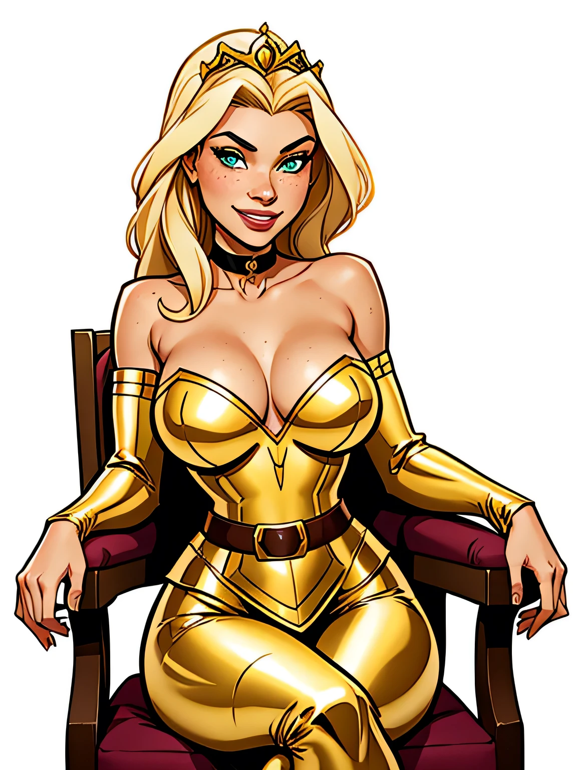 Thin woman, age 25, 4K (High definition), beautiful smiling, seducing gaze, greeneyes, wearing a tiara and a royal dress (gray and gold) with boat neckline (golden breastplate) and long sleeves, choker on the neck, brown belt, Caucasian skin, long blonde hair, sitting in a chair, full of curves with freckles across her chest and neck. Marvel style high quality, white background.