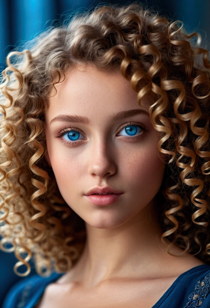 "Close-up view portrait of a charming girl with curly hair,  figure, beautiful face, captivating blue eyes, and large bust size, showcasing her natural beauty."