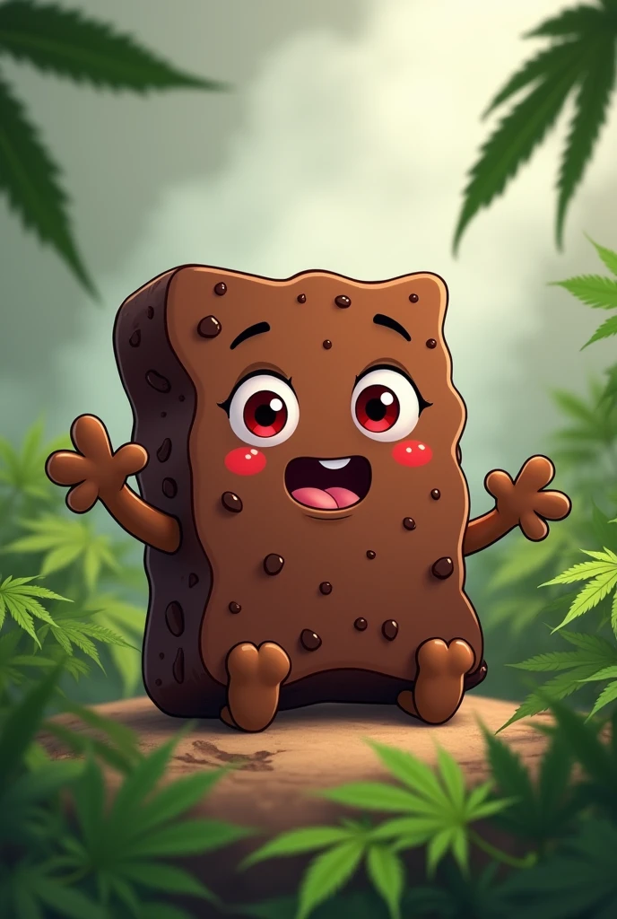 Animated brownie with marijuana leaves around and a smoke background, with friendly but not cuddly legs and arms, with completely red eyes.