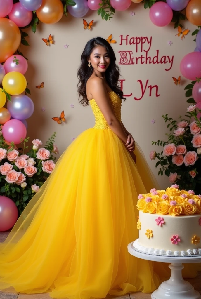 Real one pinay women beautiful with ballgown yellow with name wall background "Happy 18 Birthday Lyn"with flowers baloons butterflies rose cake 