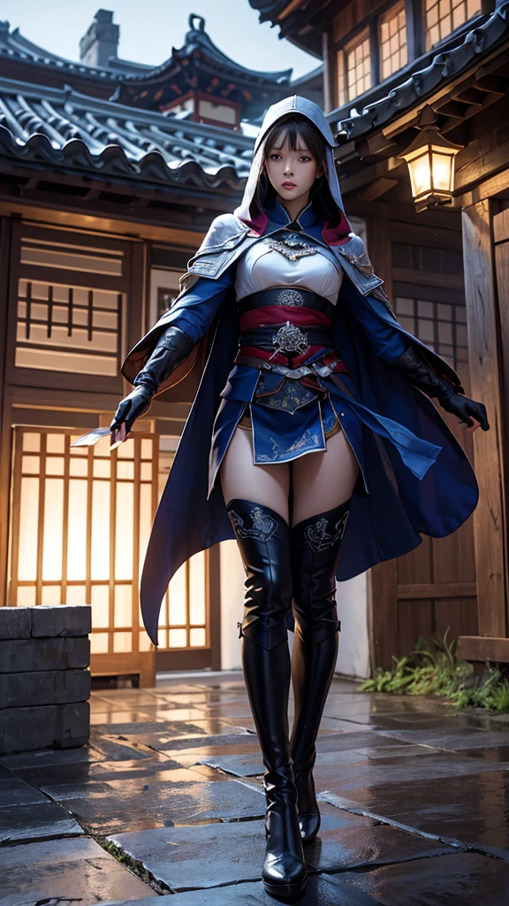 South korea assassin's creed women mystery hooded on with modern royal Blue coat with long and wide sleeves with buttons and royal Blue cape and very high white heel over the knee and white gloves, As she reveals a small secret hidden blade coming from his palm , adding to the character's mysterious and agile appearance, with small movements of air on the cape, jump from roof to roof, in summer at night under the rain,medieval south korea house. sophisticated and highly detailed, ultra hd, realistic, hyper detailed, enhanced colours, ultra sharp focus, with vibrant, rich in details High quality, gorgeous, captivating, 8k, super detailed, stunning shadows, detailed lines, ready to make a murder