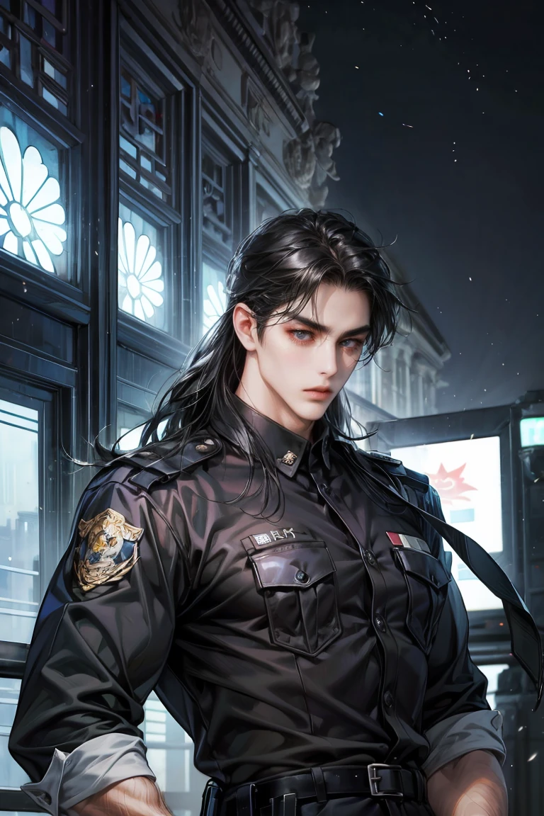 A muscular man with long black hair wearing Korean police clothes, very muscular