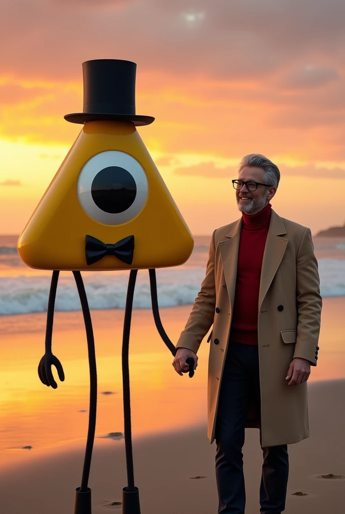 a realistic image of a floating Two-dimensional yellow triangle with a giant eye with a black iris , that eye is in the middle of his body, This character does not have a mouth, but it does have two thin arms and two legs like spaghetti that are black, The triangle is wearing a long black top hat and A black bow tie under his eye. This character will be Holding hands with a Smiling handsome man with gray hair, black plastic glasses, a kind of red turtleneck, and dark pants, Over the red turtleneck sweater, he is wearing a Beige overcoat .The background will be a sunset on the beach. The main characters will be centered in the image very close to the camera.