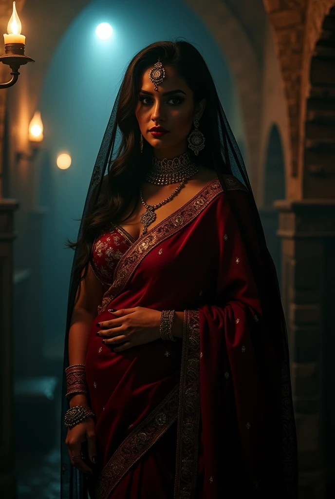 indian astrology,Looks like Aparna Dixit, full body Closeup shot, Big chubby aunty, milf, cougar lady witch, horny Gothic milf, 50 years old gorgeous mature lady, pervert demoness, demoness of lust, curvy, black lips, horny face, extremely gorgeous, thick figure, heavy physique, voluptuous, curvy, sexy figure, Fashionable portrait of androgynous alien looking witch wearing veil, glowing eyes, futuristic design, minimal details, givenchy, photoreal, 200mm, hd, f/ 2.0, highly detailed, surreal, sexy beautiful evil woman, sexy bold sequin Saree with strapless Bra, chudail, Pishachini, horror genre, blood-thirsty enchantress, powerful female spirit, eerie, drop dead, in the style of red and blue, (intricate details, hyperdetailed:1.15) (skin texture:1.2), dark Moody tone, cinematic lighting, haunted place in background, Fortune telling hall