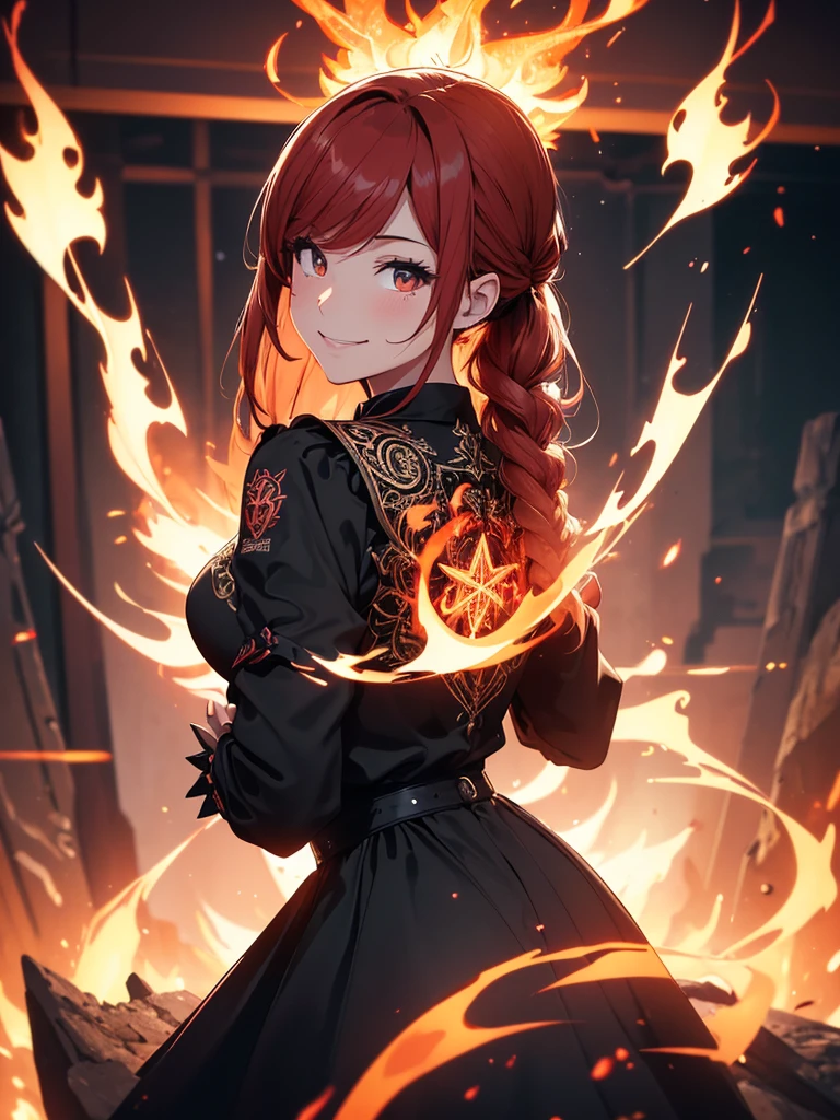 (((best quality, sharp image, clear image, cinematic lighting, 8k resolution, masterpiece, ultra detailed, intricate))) Girl, (((looking over left shoulder))), (shot from behind), ((shot from hip up)), fiery red hair, pigtails, ((intricate black dress)), ((flaming sigils, flaming runes)), spiky rock formations, (flaming lotus flowers frame), (intricate background), ((Phoenix)), (swirling flames), smiling