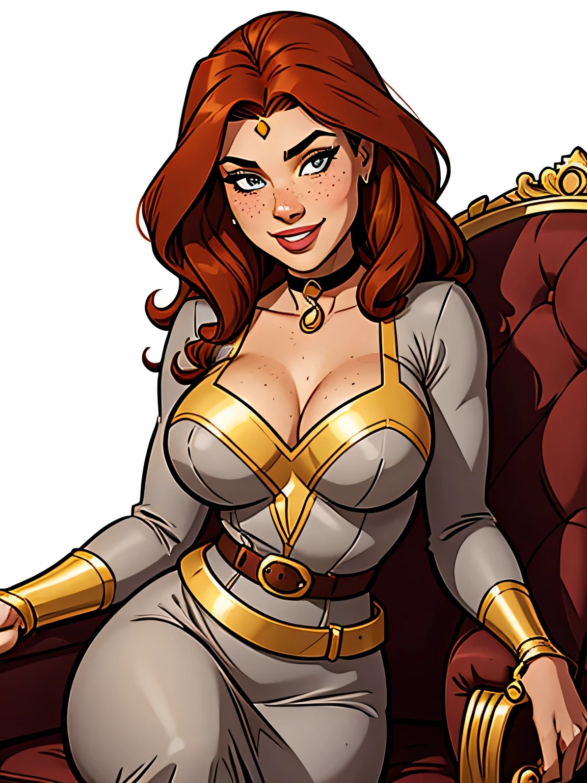 Thin woman, age 25, 4K (High definition), beautiful smiling, seducing gaze, eyes browns, wearing a tiara and a royal dress (gray and gold) with a boat neckline and long sleeves, choker on the neck, brown belt, Caucasian skin, long curly red hair, sitting in a chair, full of curves with freckles across her chest and neck. Marvel style high quality, white background.