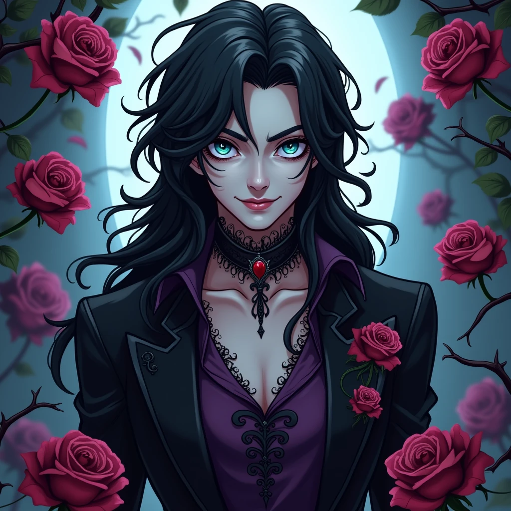 Male, sexy, long black hair, teal blue eyes, young, gothic clothes. delicate features, no facial hair, no body hair, seductive, white and pale. Roses. Purple and black. Long eyelashes. No facial hair. Man. Male. Smirking. No body or facial hair. Young male. Cartoon style. Male. Towering over the camera. Full body. Malicious. In a graveyard.
