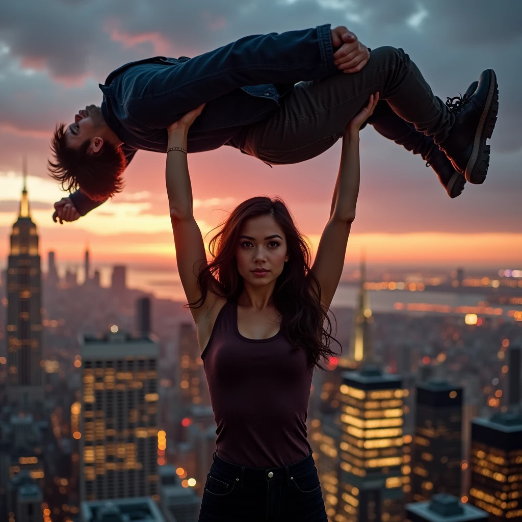Teenage Kristin Kreuk as Lana Lang lifting a large man high above her head with her strong arms. Photorealistic. Wide angle. City skyline in the background.
