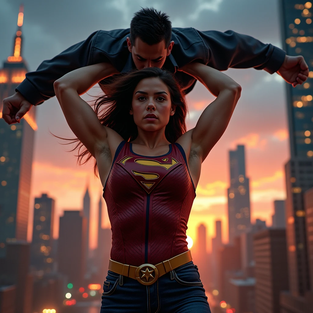 Teenage Kristin Kreuk as Lana Lang lifting a large man high above her head with her strong arms. Photorealistic. Wide angle. City skyline in the background.