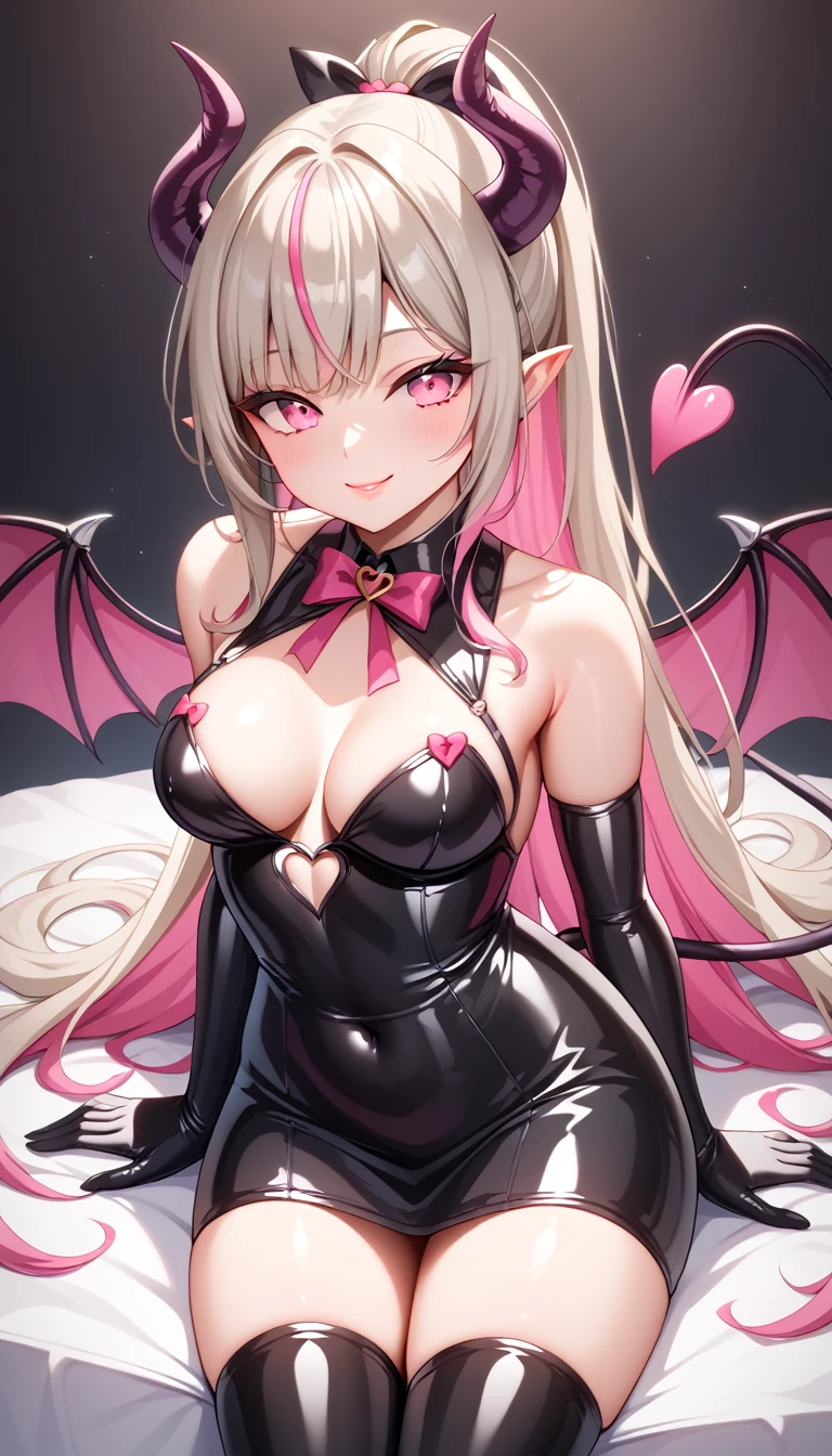 1 Girl, Medium Breasts, Platinum Blonde Hair, Neon Pink Highlights In Hair, Twin Ponytail Hair Style, Long Hair, Neon Pink Eyes, Pale Skin, Smooth Skin, Soft Features, Nice Lips, Nice Smile, Cute Face, Succubus Wings, Succubus Tail, Her Tail Wrapping Around Her Thigh, Dark Black Horns With Pink Tips, Black Latex Dress, Sitting Down 