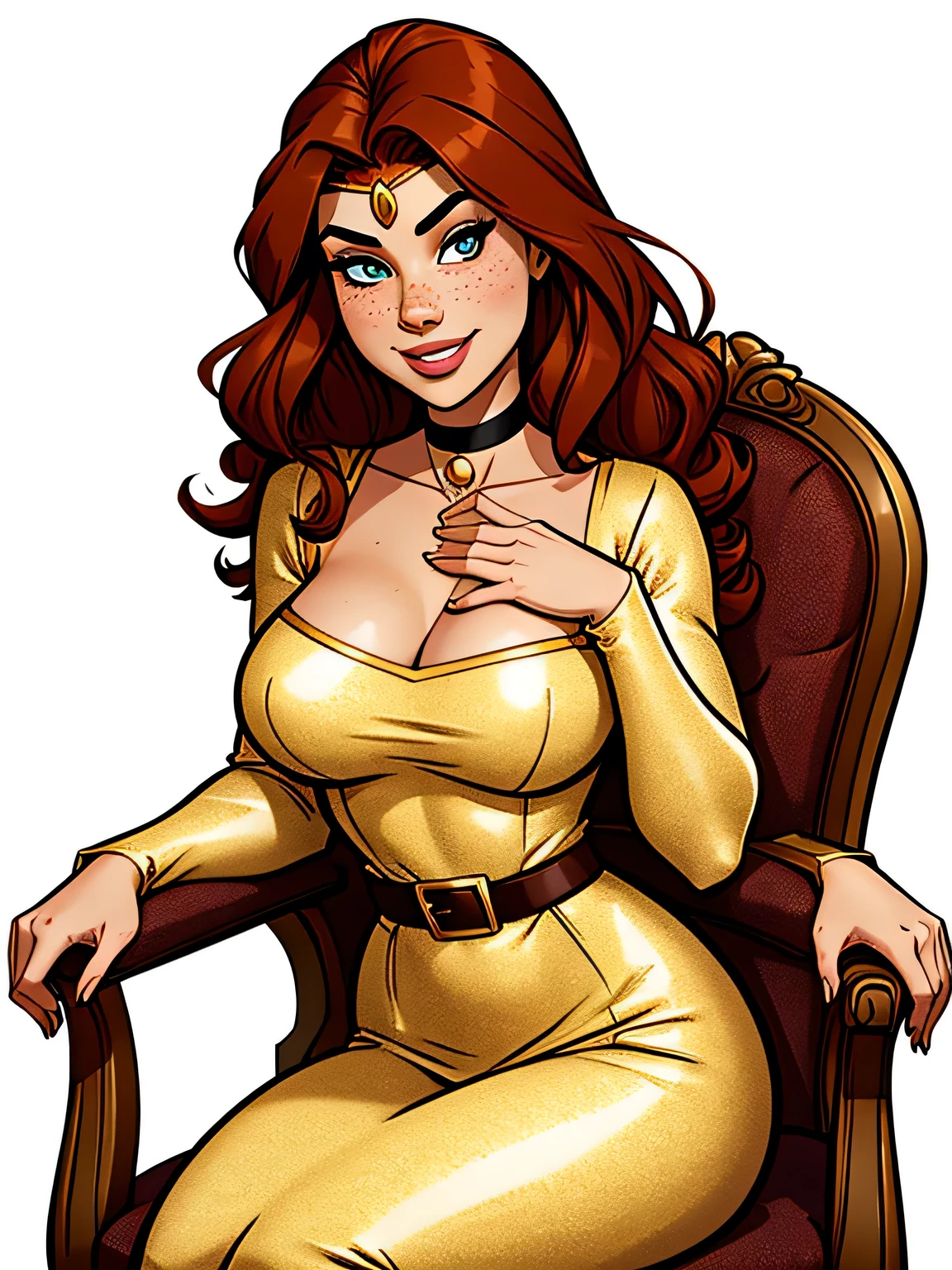 Thin woman, 5, 4K (High definition), beautiful smiling, seducing gaze, eyes browns, wearing a tiara and a royal dress (gray and gold) with a boat neckline and long sleeves, choker on the neck, brown belt, Caucasian skin, long curly red hair, sitting in a chair, full of curves with freckles across her chest and neck. Marvel style high quality, white background.