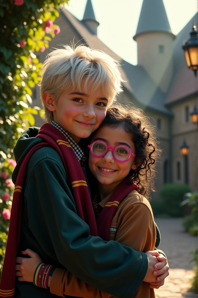 Draco Malfoy hugging an 11 year old brunette girl with curly black hair, she has braces and also has pink glasses
