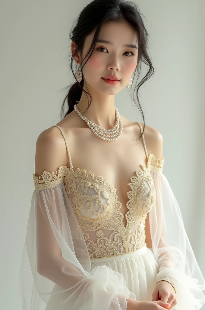 Elegant young woman wearing pink tatoe。Full body front view、Asian、The skin is relatively white、Luxurious clothing、Silky transparent lace on the clothes、Gold wire trim、Jewelry decoration、A pearl necklace hangs around her neck。