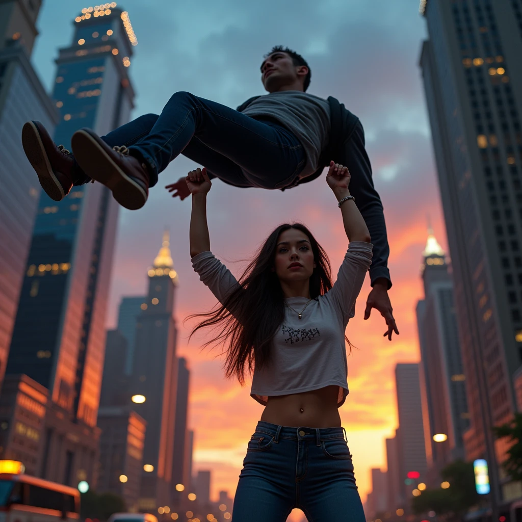 age Kristin Kreuk as Lana Lang lifting a large man high above her head with her strong arms. Photorealistic. Wide angle. City skyline in the background.