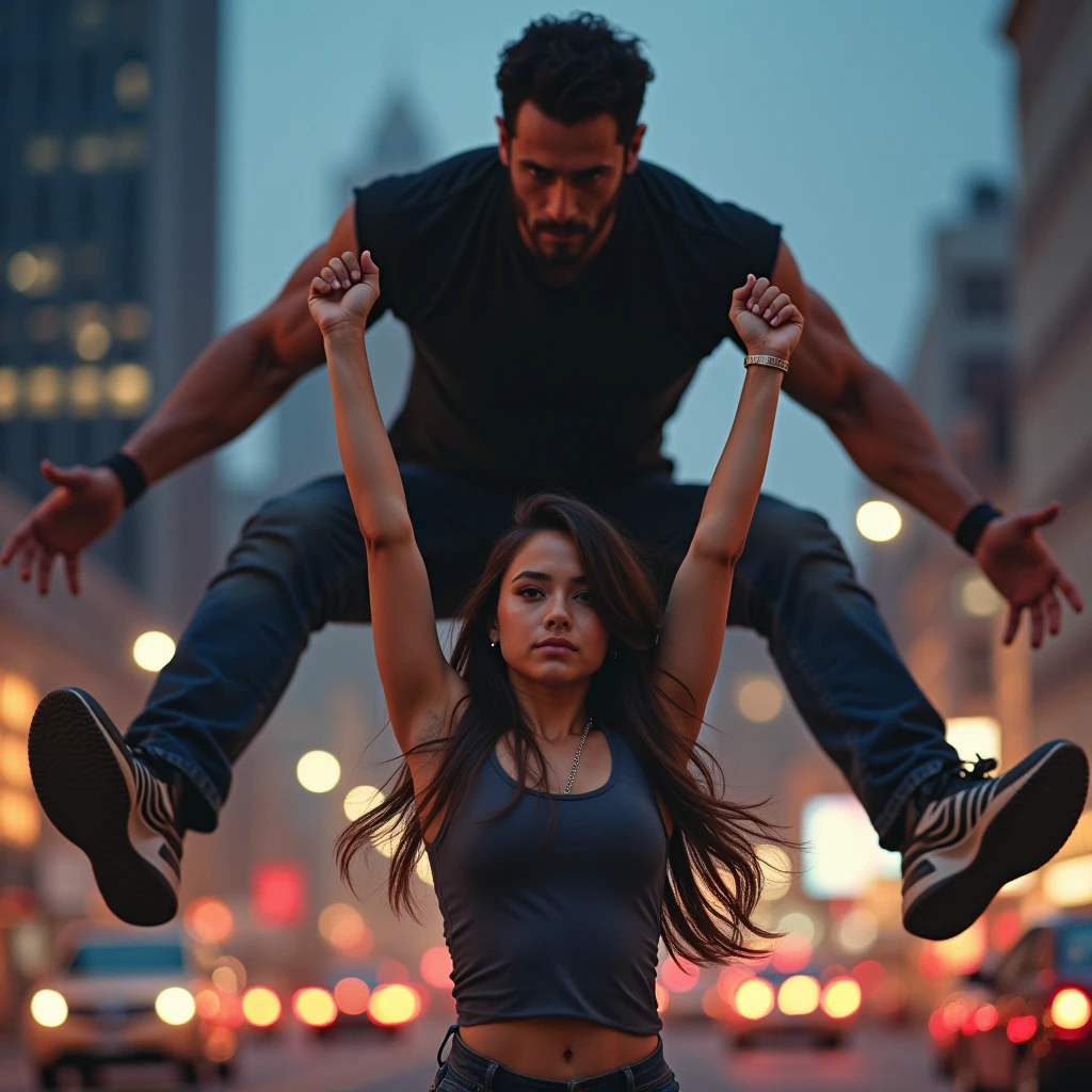 Teenage Kristin Kreuk as Lana Lang lifting a large man high above her head with her strong arms. Photorealistic. Wide angle. City skyline in the background.