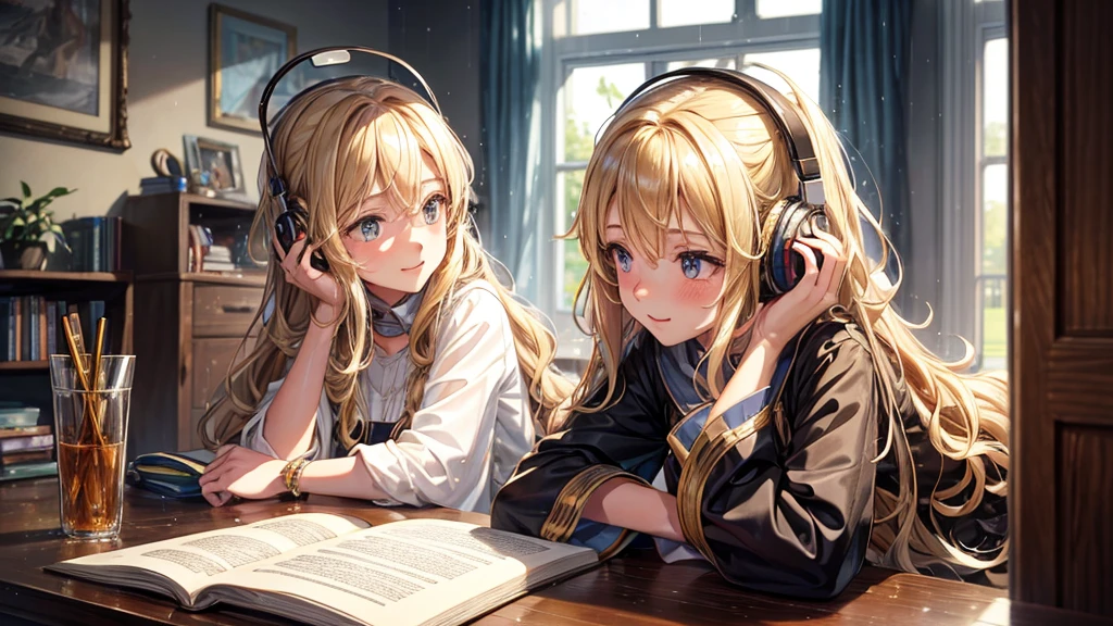 Create a high quality image, extreme detail, ultra definition, extreme realism, high quality lighting, 16k UHD, a girl, headphones, in front of a desk studying, (window with opaque glass), night, soft and warm ultra definition light, lofi style