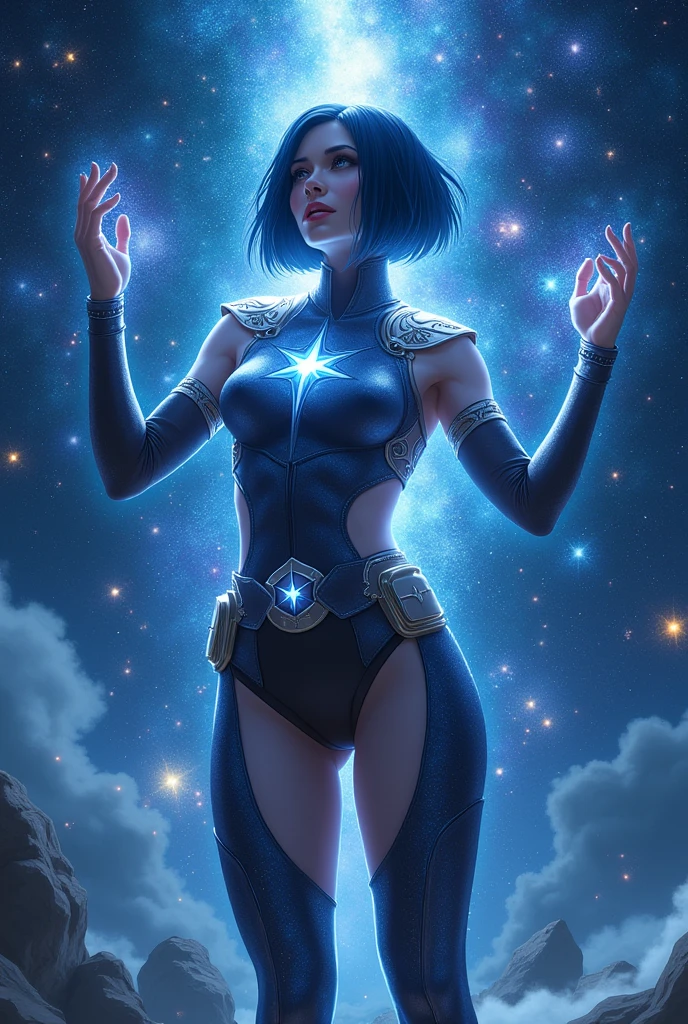 A heroine with short bluish-black hair, wearing a sexy outfit with a star in the middle, who has the power to control the stars. 