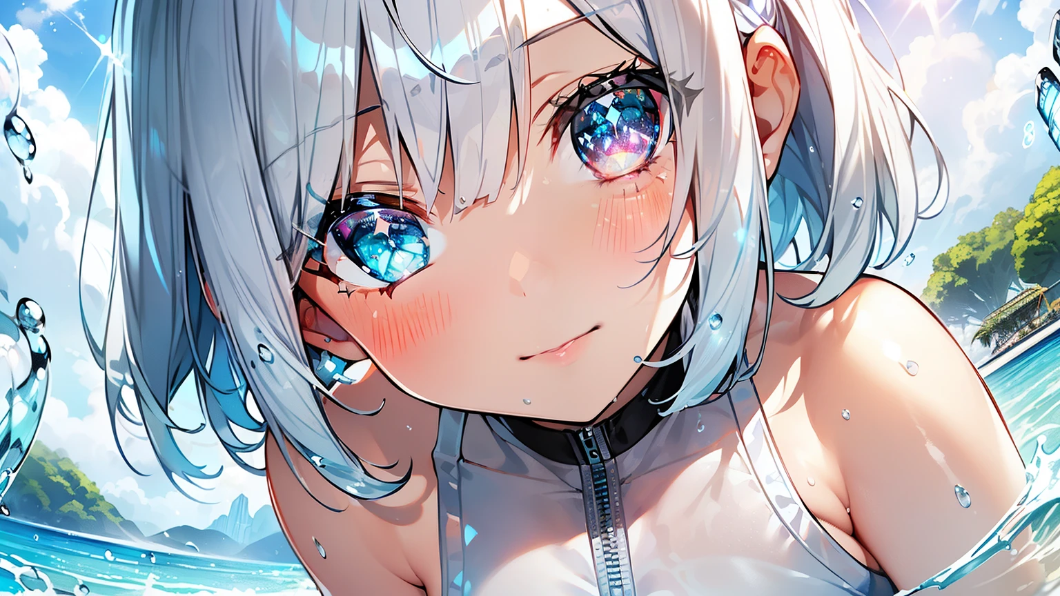 Best quality、Photorealistic、Ultra-detailed、delicate、Orderly、High Detail、Bluish Silver Short Bob、(Drooping heterochromia iris,glowing eyes、Sparkling Eyes:1.3)、Slender、(One girl:1.2)、(White swimsuit,Sexy Swimwear,Wet:1.3)Dynamic Angle、Dutch Angle、Ambient Occlusion、Ambient Light、Ray-traced Reflections、Glow、Shiny Hair、
