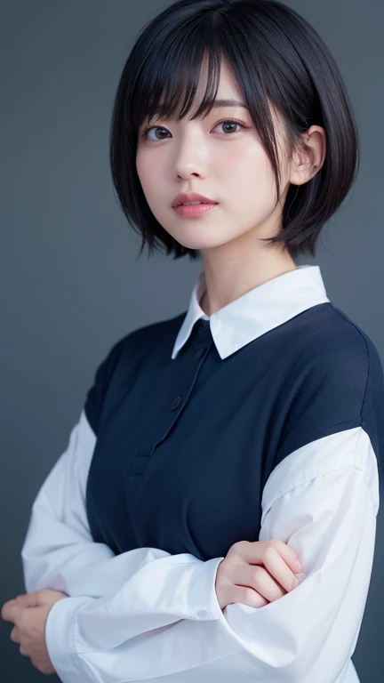 Very cute one、、short hair、Black Hair、reduce hair volume、Blue background、Upper Body、(head shot:1.5)、Eyes focus、Collared shirt、Laughter、、(8k、RAW Photos、Highest quality、masterpiece:1.2)、(Realistic、Realistic:1.3)、Hmph、The depth of the written world、Wide Light、High Contrast、(Shine:1.4)、chromatic aberration、Sharp focus、Raw color photography、Cinema Lighting、8k解像度、