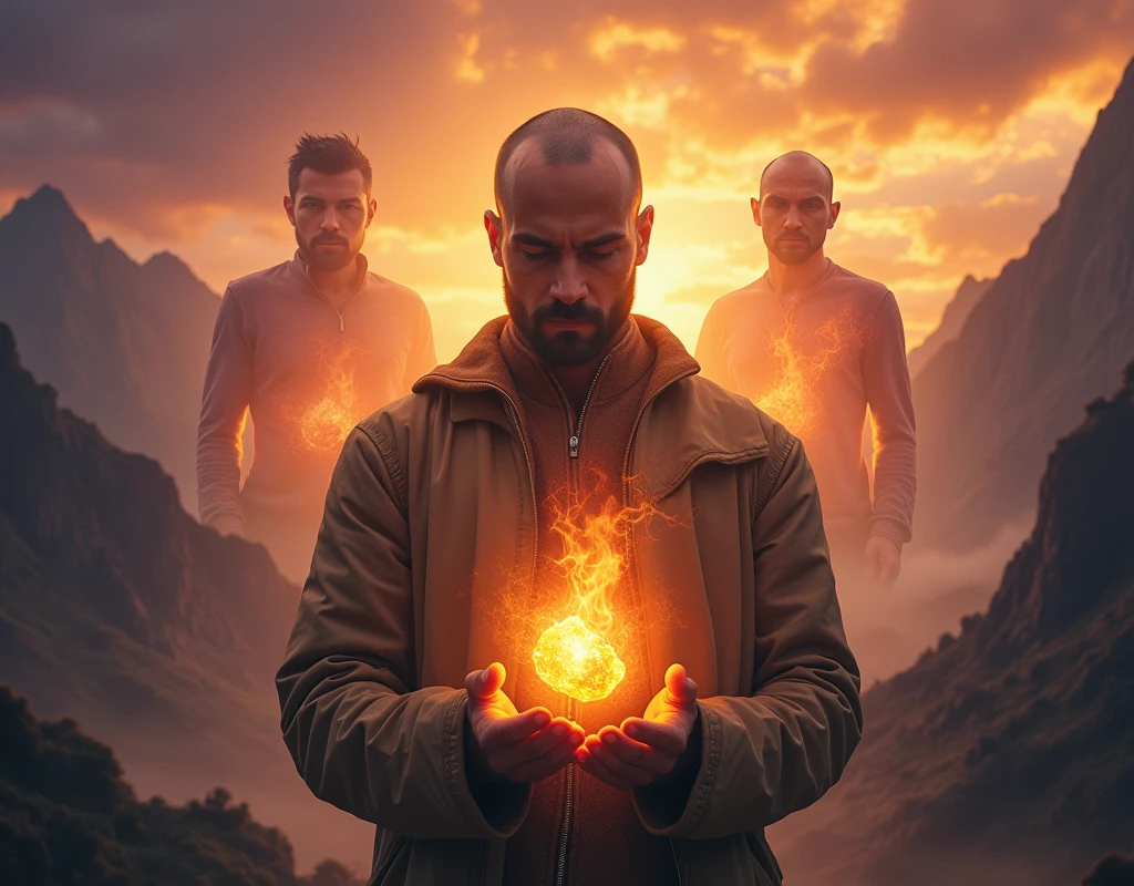 A determined man holding a glowing fragment of a mystical flame, surrounded by ethereal images of two other men. The background shows epic landscapes and parallel dimensions with a dynamic and transitional sky.