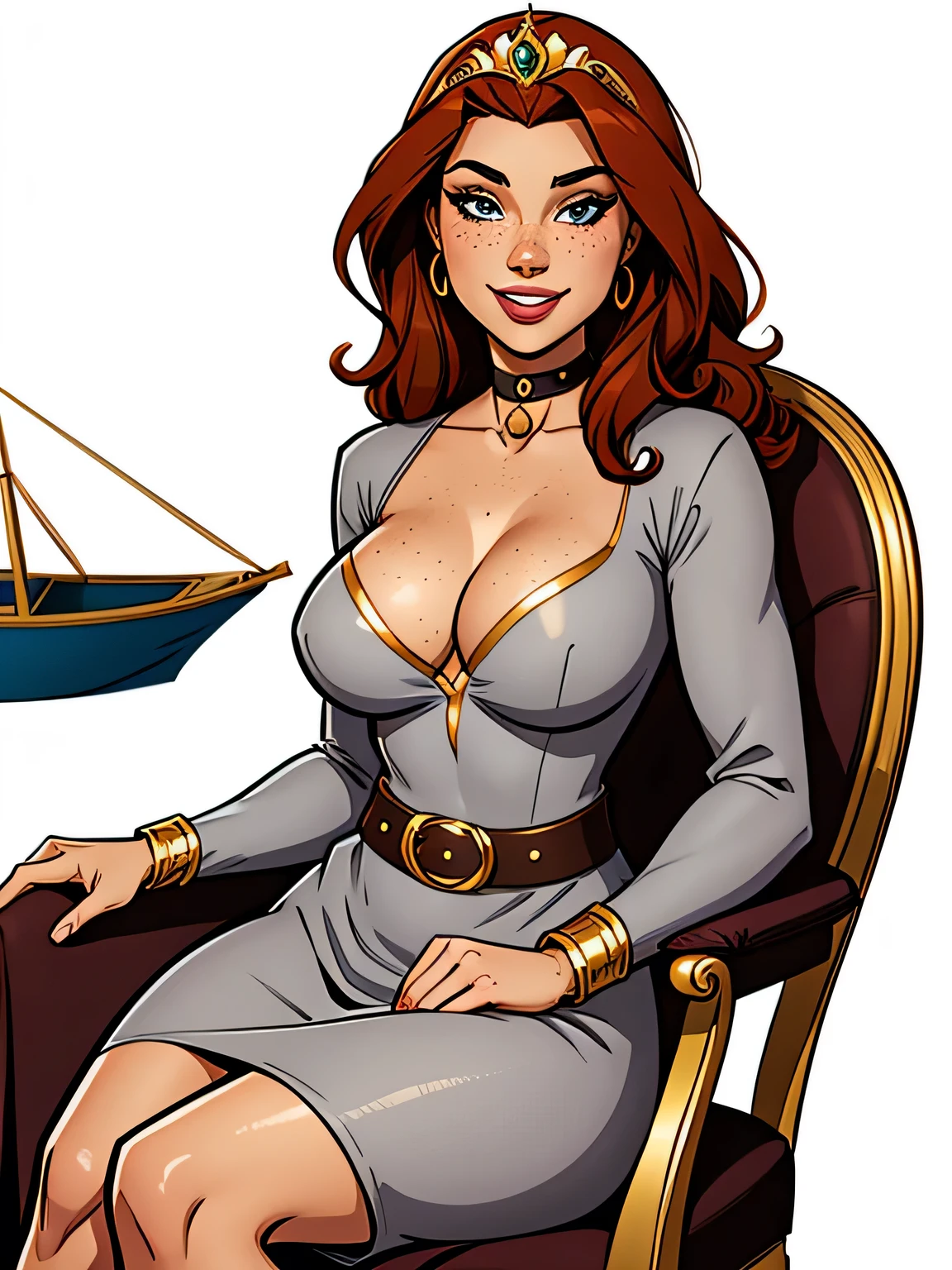 Thin woman, age 25, 4K (High definition), beautiful smiling, seducing gaze, eyes browns, wearing a tiara and a royal dress (gray and gold) with a boat neckline and long sleeves, choker on the neck, brown belt, Caucasian skin, long curly red hair, sitting in a chair, full of curves with freckles across her chest and neck. Marvel style high quality, white background.